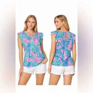 Lilly Pulitzer Golda Top Pink Blue Tropical Print Ruffle Sleeve Cotton Blouse